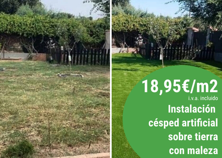 Instalación césped artificial sobre tierra con maleza